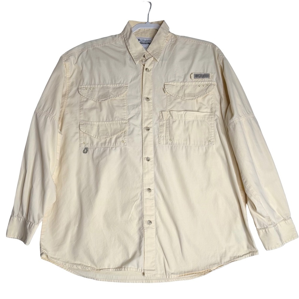 Columbia PFG Bonehead Long Sleeve Fishing Shirt Cream Yellow Mens Medium
